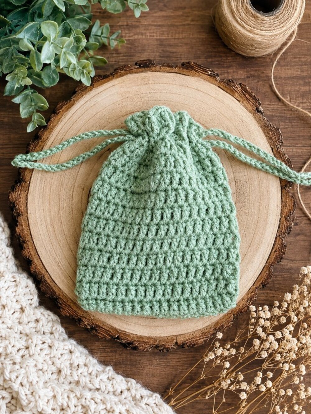 Garden Sage Drawstring Pouch | Handmade Crochet Gift Bag